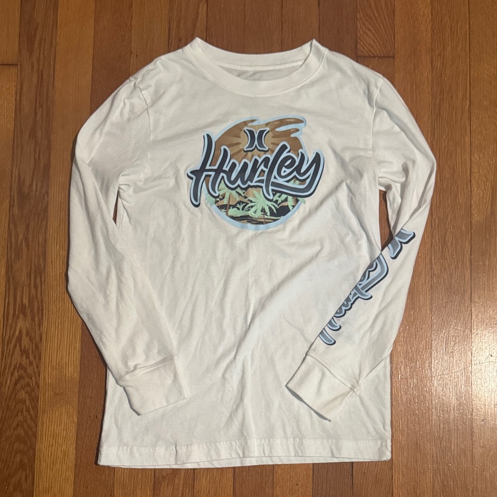 Hurley Large White and Blue Graphic Long Sleeve Kids Tee